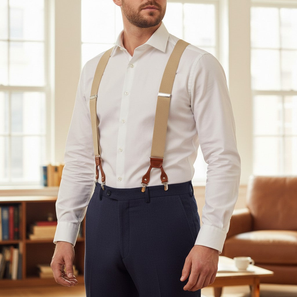 Hunt & Holditch - Mens - Plain Beige Braces - Silver Fit-Tan Leather - One Size - Wildvine Clothing, Spalding, Lincolnshire