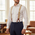 Hunt & Holditch - Mens - Plain Beige Braces - Silver Fit-Tan Leather - One Size - Wildvine Clothing, Spalding, Lincolnshire