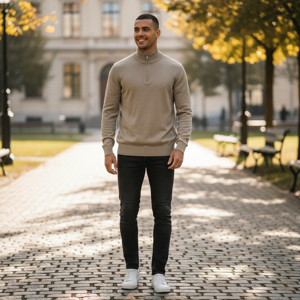WILDVINE Clothing Co. man wearing a sandstorm beige merino wool quarter zip jumper with tonal eagle logo in a park.