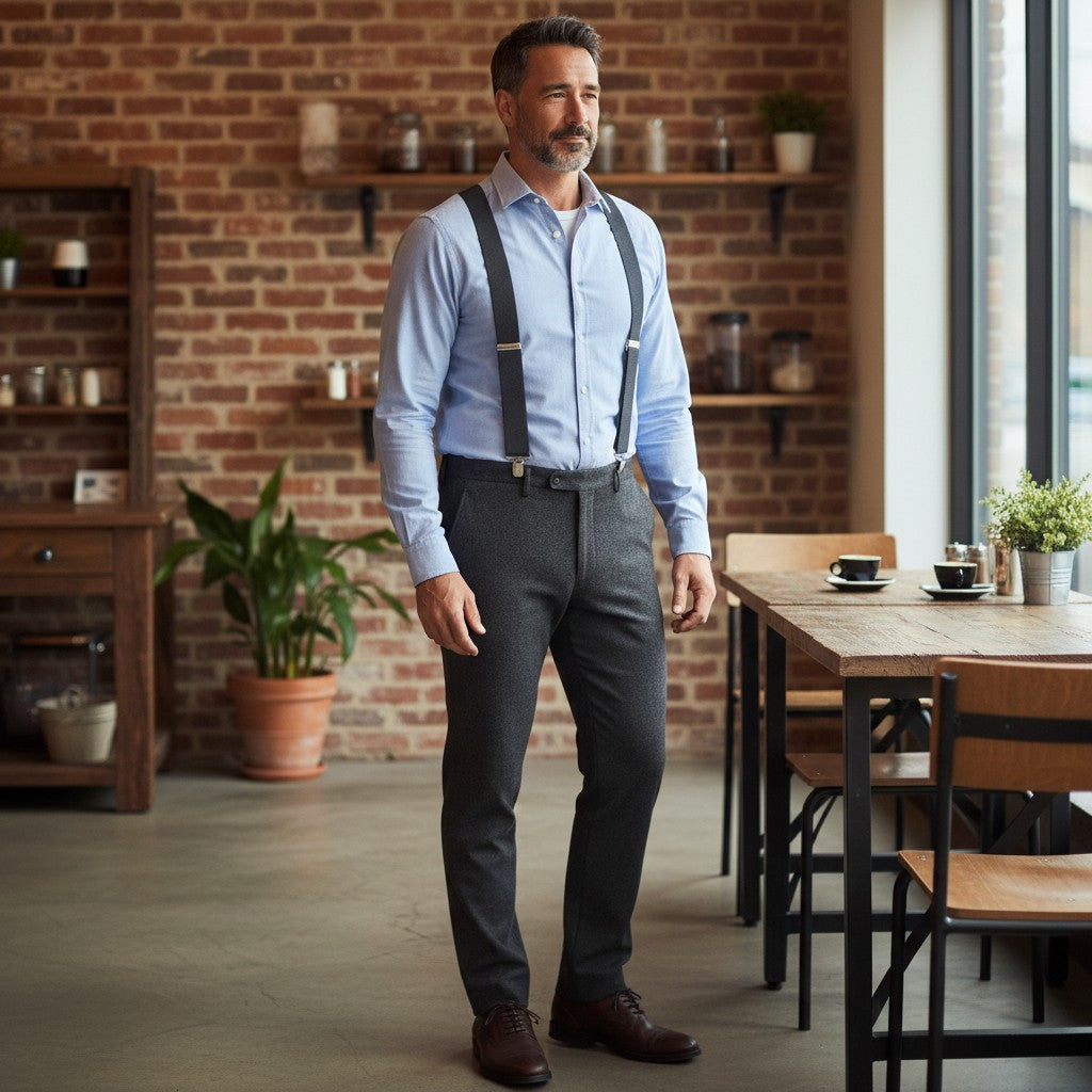 Hunt & Holditch - Mens - Plain Black Braces-Feathered Silver Clip - 2XL - Wildvine Clothing, Spalding, Lincolnshire