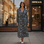 Misumi - Ladies -V Neck Wrap - Long Sleeve - Midi Dress - Black / Pattern - Wildvine Clothing, Spalding, Lincolnshire
