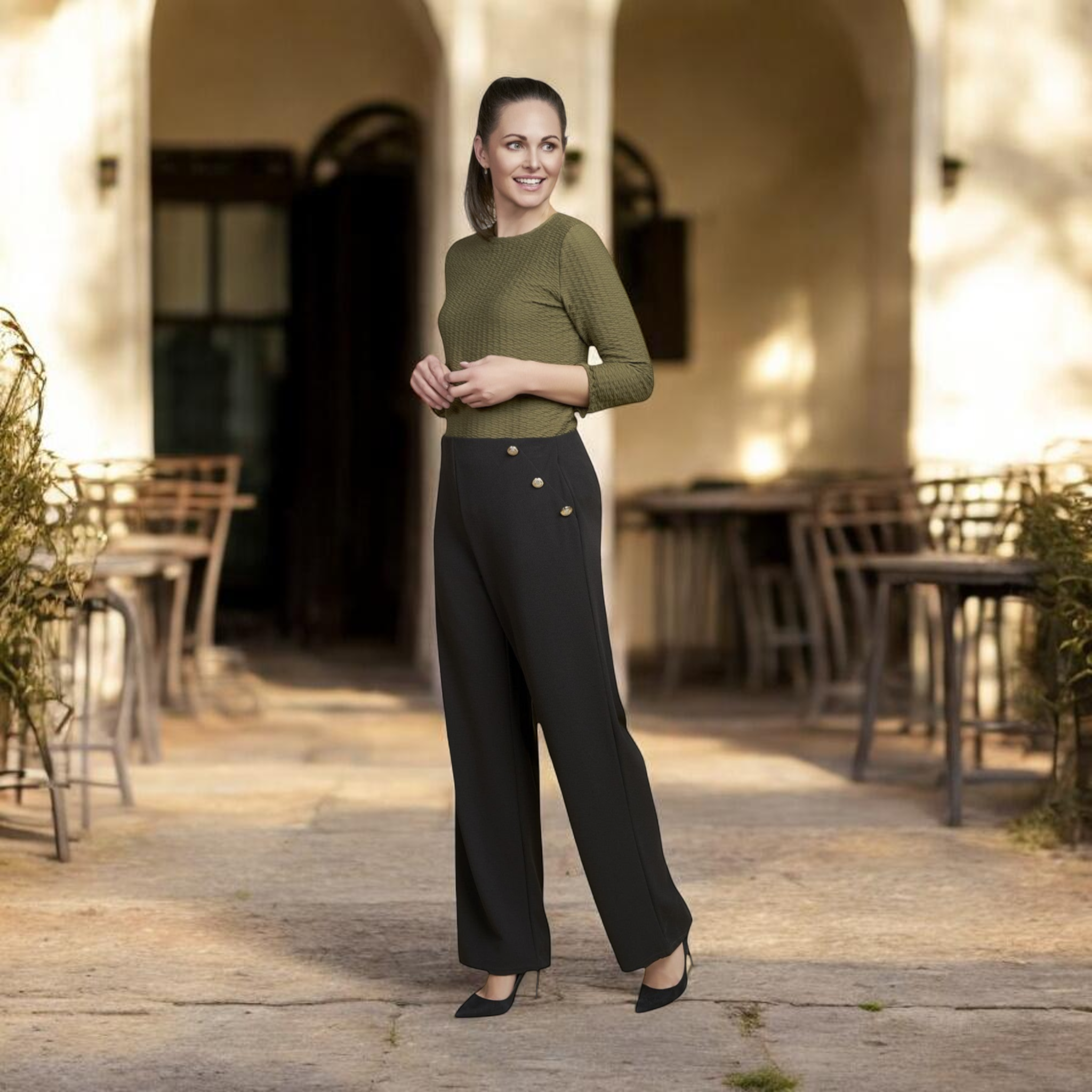 Pinns - Ladies Wide Leg Jersey Trouser with Button Feature - Black 457T - Wildvine Clothing, Spalding, Lincolnshire