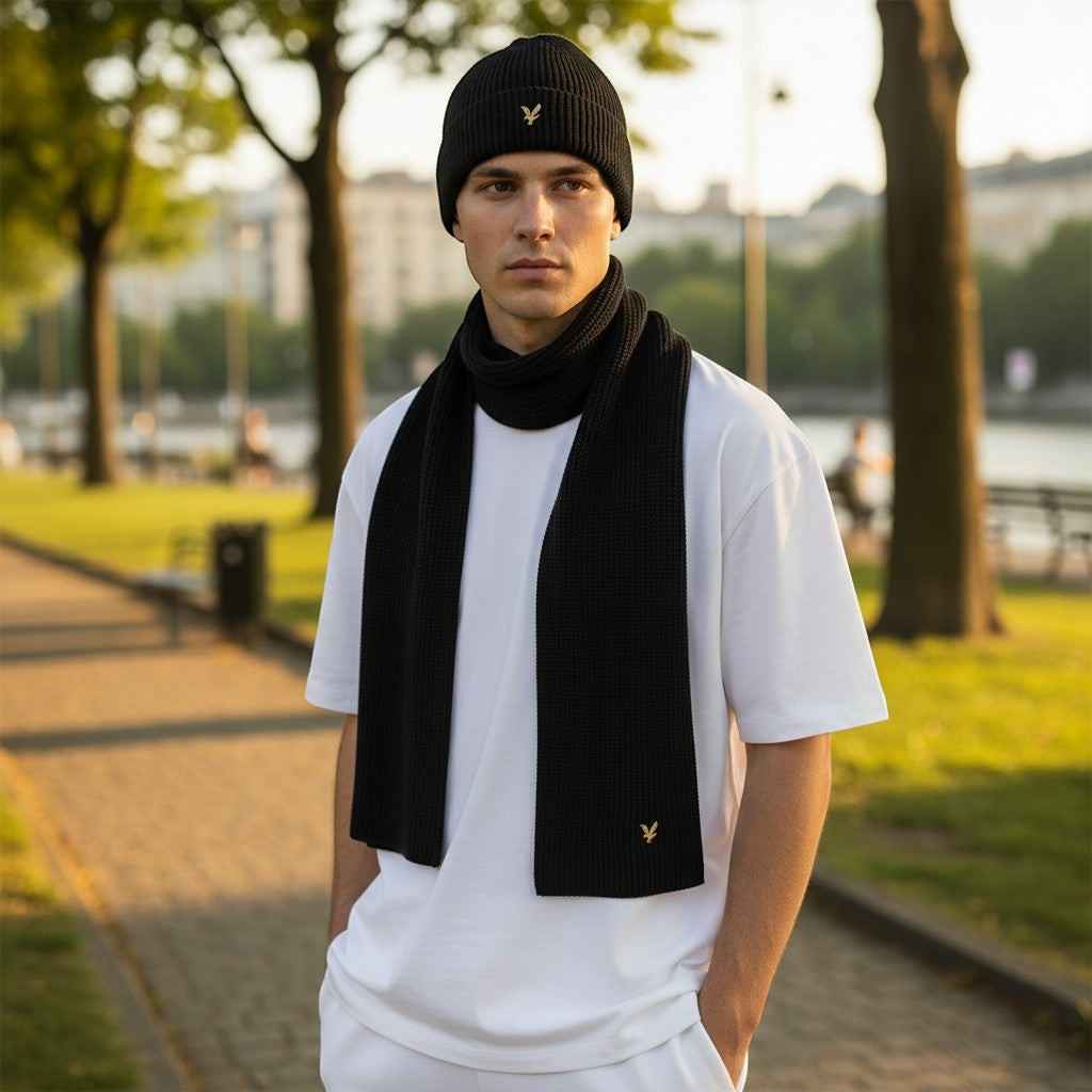 Lyle & Scott - Mens Brushed Scarf and Beanie Hat Set - Jet Black - Z865 - Wildvine Clothing, Spalding, Lincolnshire