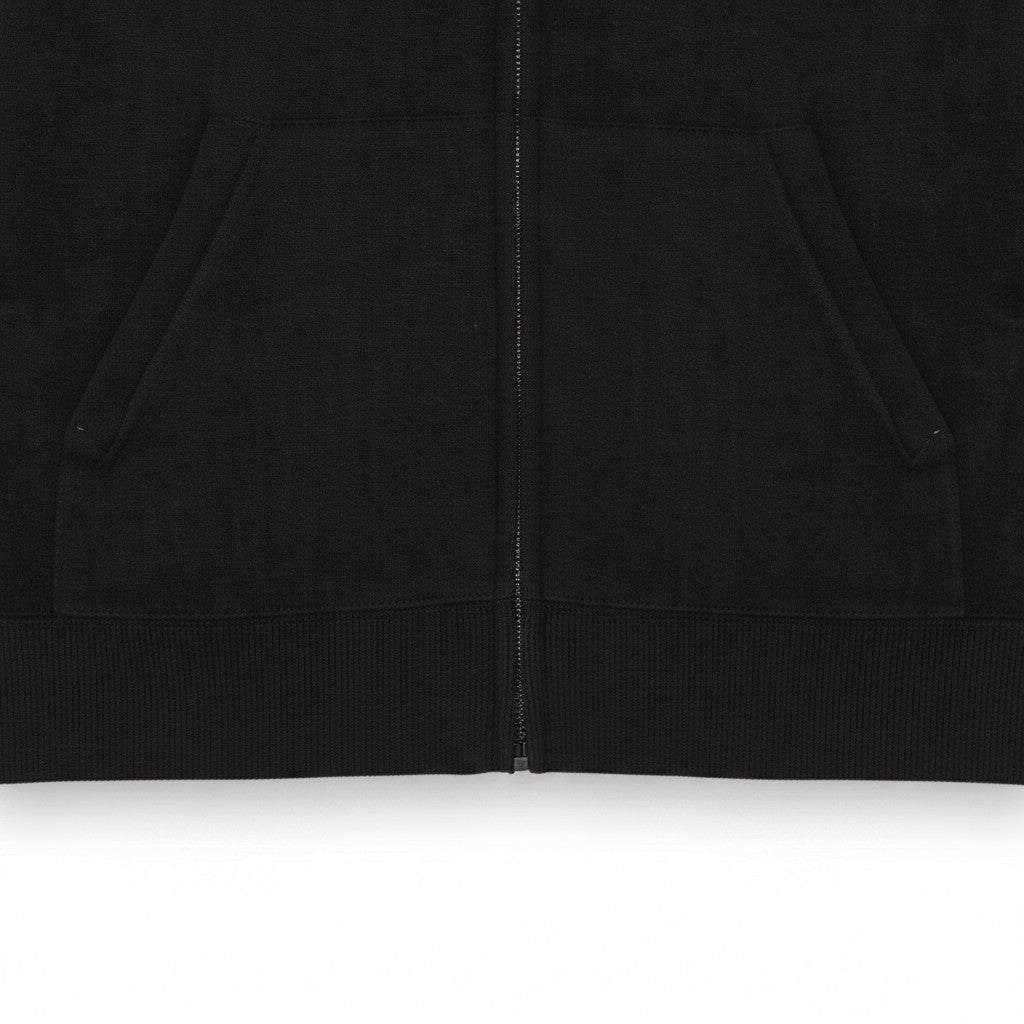WILDVINE Clothing Co. black superfine knitted zip-through hoodie with front pockets and ribbed hem detail.