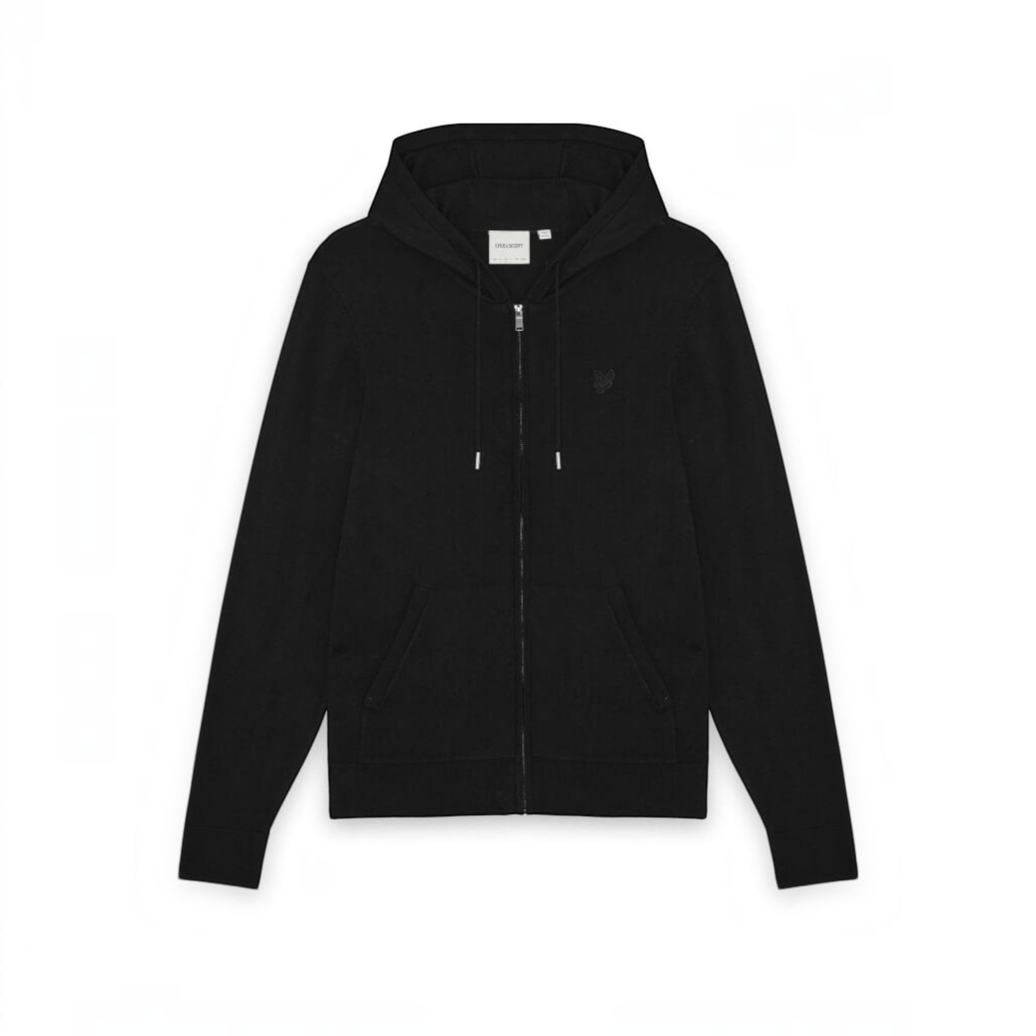 WILDVINE Clothing Co. Lyle & Scott black superfine knitted zip-through hoodie with drawstring hood and ribbed hem.