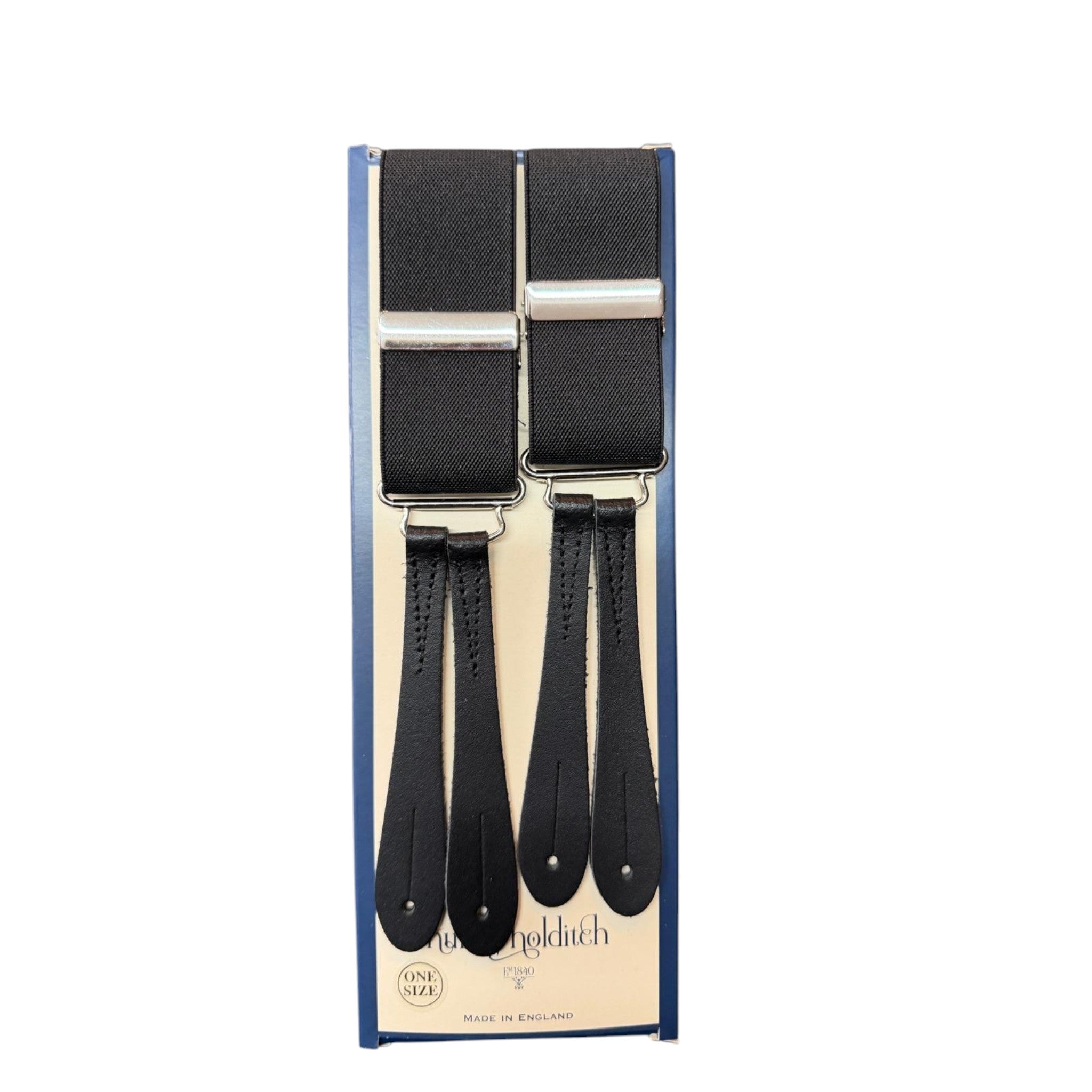 Hunt & Holditch - Mens - Plain Black Braces - Silver Fit-Black Leather - One Size - Wildvine Clothing, Spalding, Lincolnshire