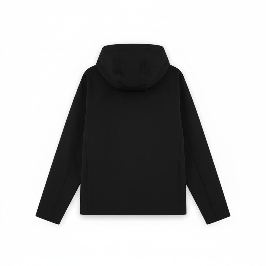 WILDVINE Clothing Co. black nylon zip-through hooded jacket, back view of a minimalist lightweight windbreaker.