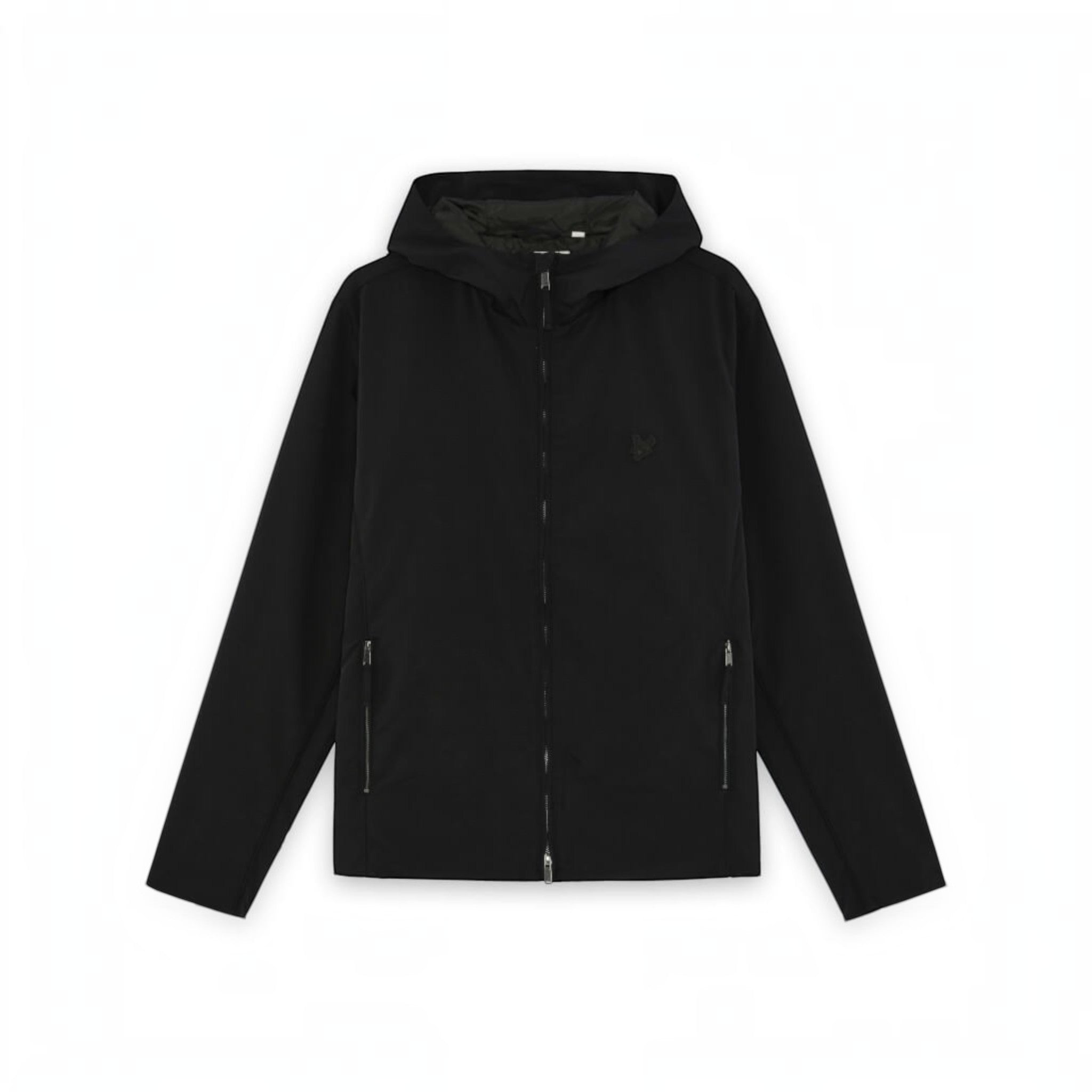 WILDVINE Clothing Co. black nylon zip-through hooded jacket with side pockets and tonal logo detailing.