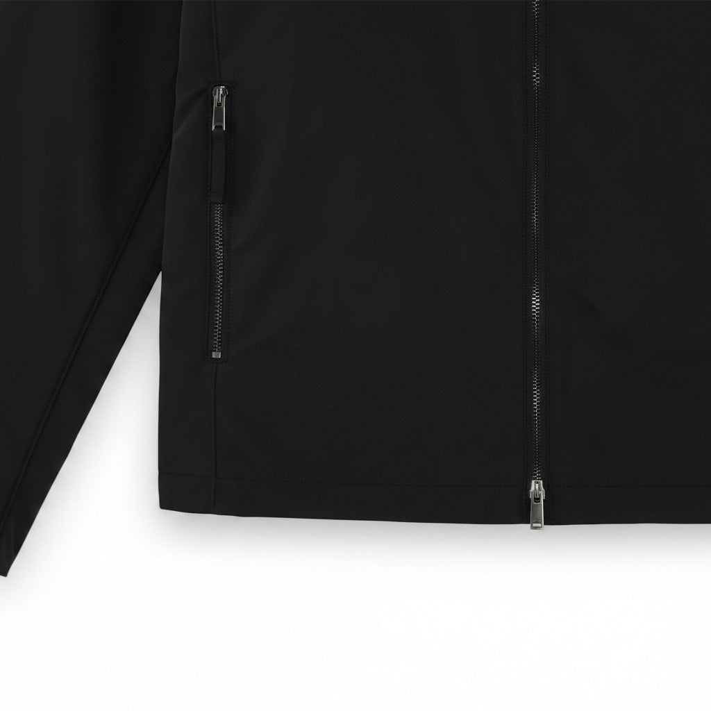 WILDVINE Clothing Co. black nylon zip-through hooded jacket featuring a secure zippered side pocket.