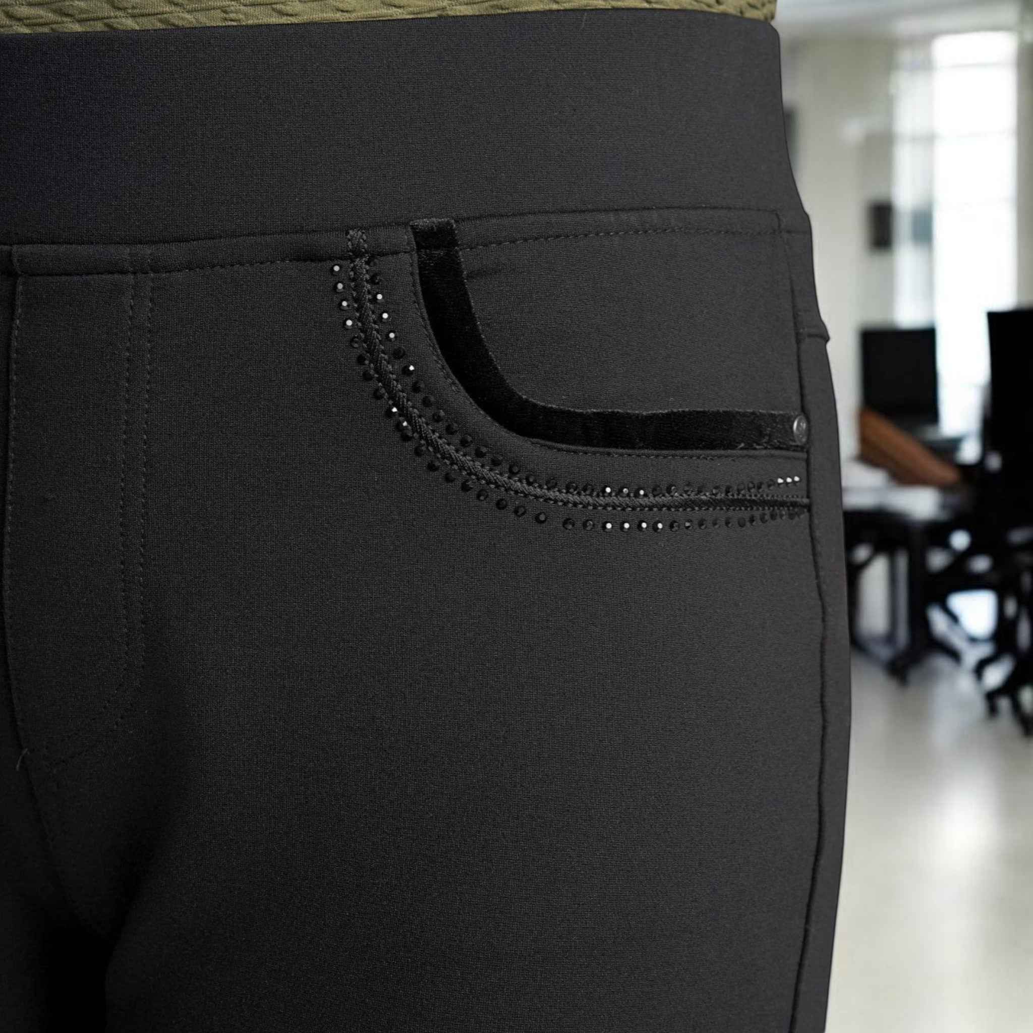 Pinns - Ladies Ponte Jean Style Trouser with Crystal and Velvet Pocket Detail - Black 405T - Wildvine Clothing, Spalding, Lincolnshire