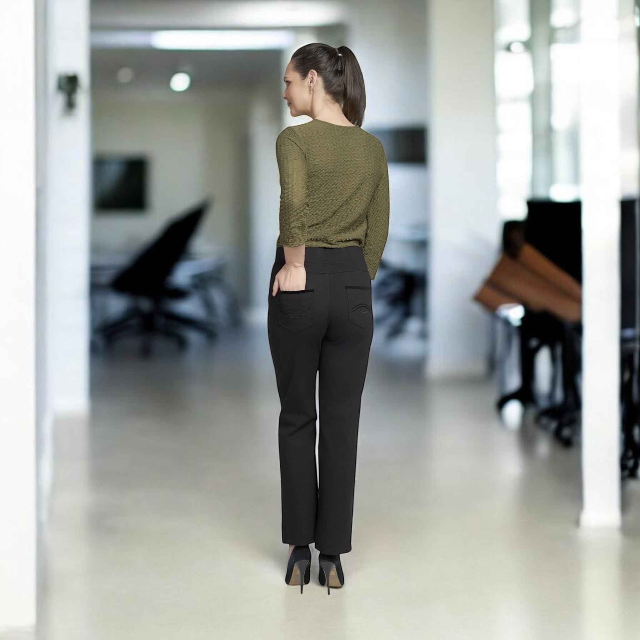 Pinns - Ladies Ponte Jean Style Trouser with Crystal and Velvet Pocket Detail - Black 405T - Wildvine Clothing, Spalding, Lincolnshire