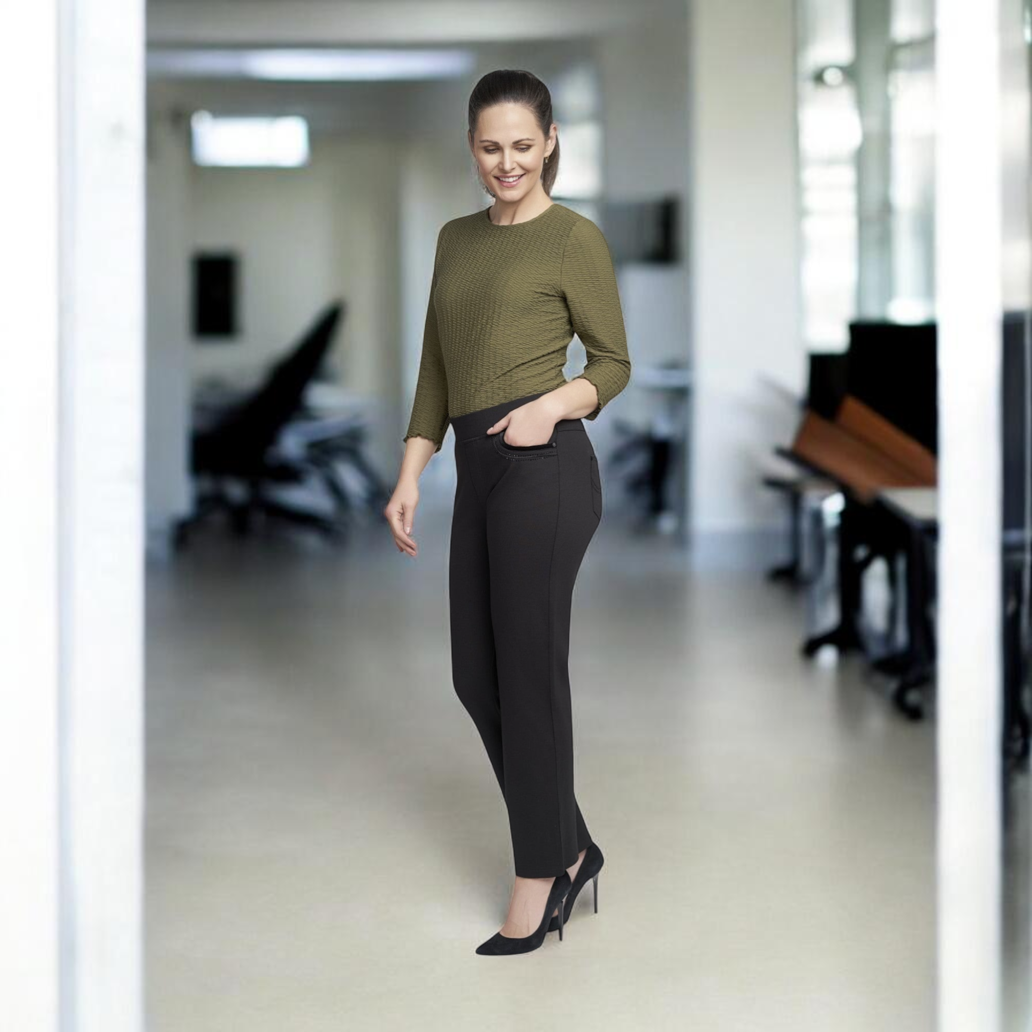 Pinns - Ladies Ponte Jean Style Trouser with Crystal and Velvet Pocket Detail - Black 405T - Wildvine Clothing, Spalding, Lincolnshire