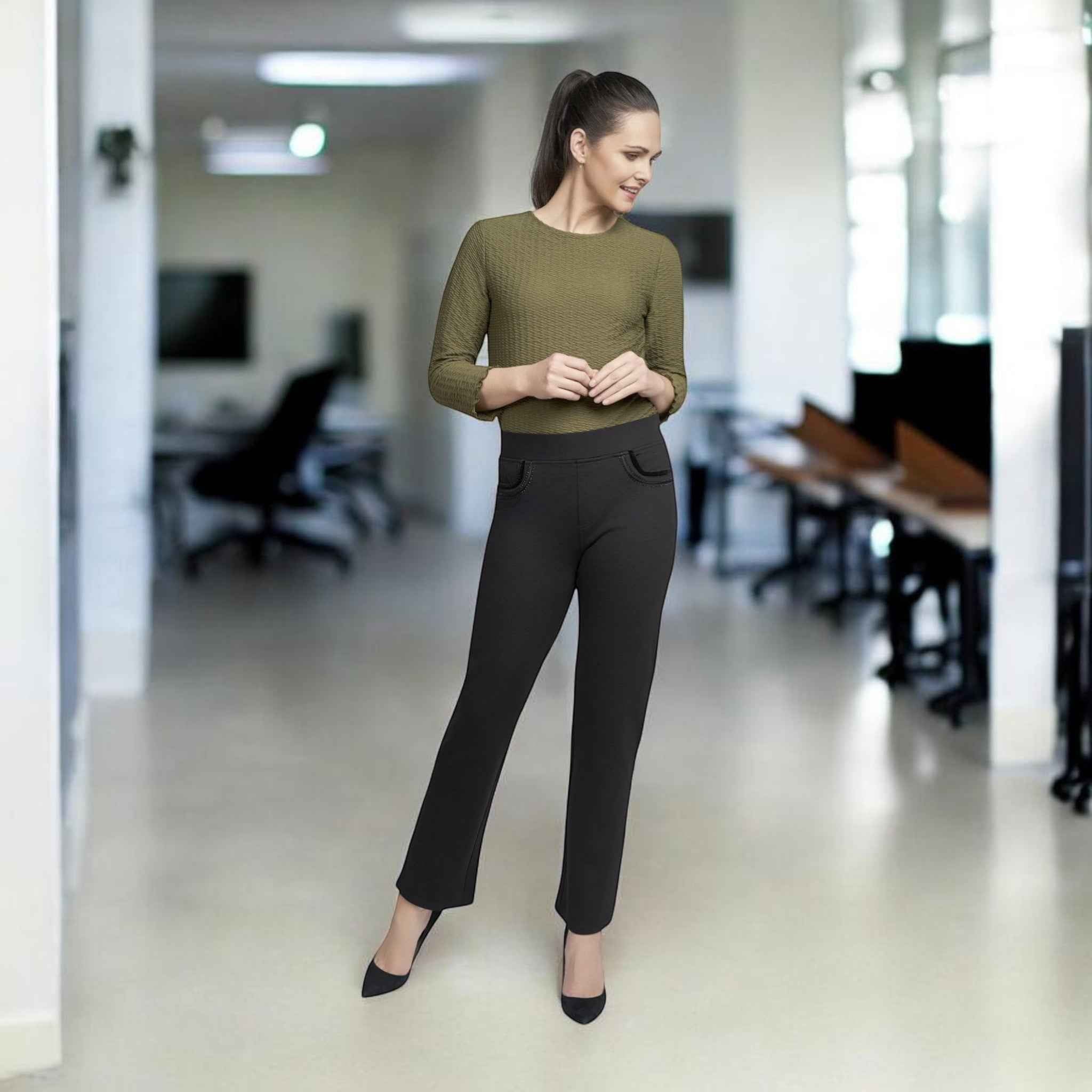 Pinns - Ladies Ponte Jean Style Trouser with Crystal and Velvet Pocket Detail - Black 405T - Wildvine Clothing, Spalding, Lincolnshire