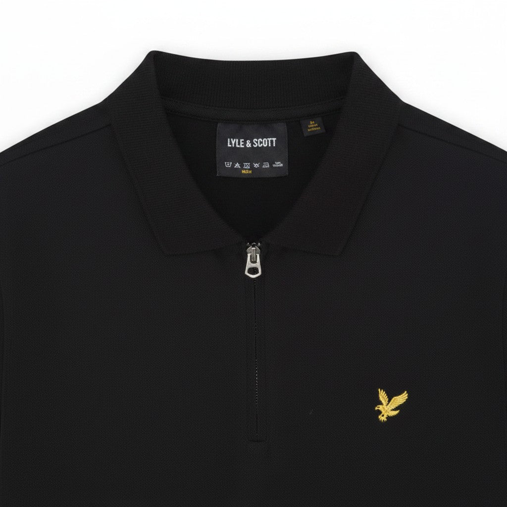 WILDVINE Clothing Co. Lyle & Scott jet black quarter zip polo shirt with gold eagle logo embroidery
