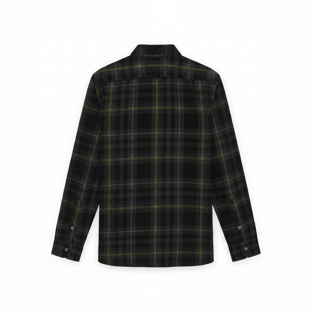 WILDVINE Clothing Co. men's jet black fine tartan corduroy shirt, back view showing long sleeves and button cuffs.
