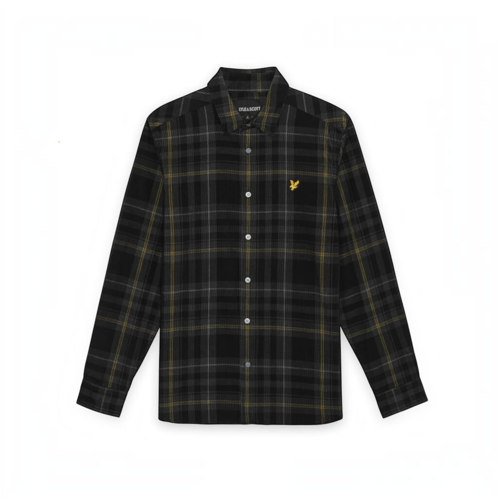 WILDVINE Clothing Co. Lyle & Scott jet black fine-wale corduroy shirt featuring a subtle tartan pattern and golden eagle.