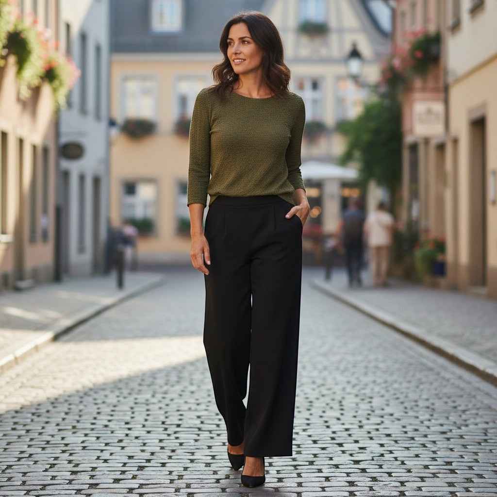 Pinnns - Ladies Wide Leg Jersey Trouser with Button feature - Chocolate 659T - Wildvine Clothing, Spalding, Lincolnshire