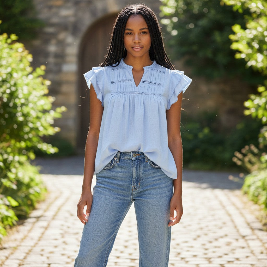 Ladies - Boho Cotton Ruffle & Lace Sleeve Top - Blue - Wildvine Clothing, Spalding, Lincolnshire