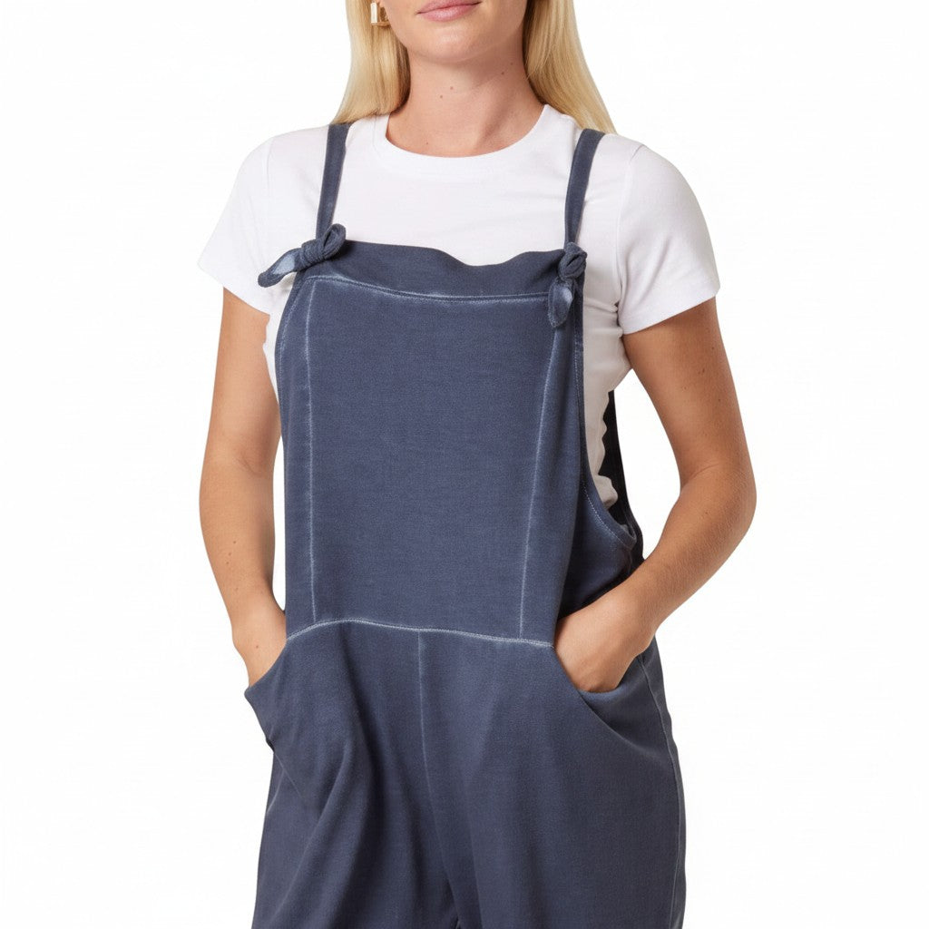Moda - Ladies - Bow Detail Stone Wash Cotton Dungaree - Denim - Wildvine Clothing, Spalding, Lincolnshire