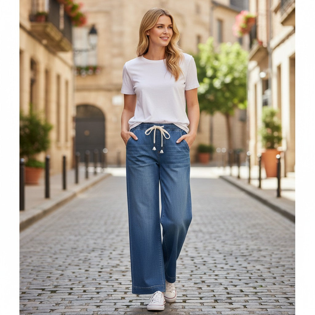 QED London - Ladies - Ankle Length Wide Leg String Jeans - Denim - Wildvine Clothing, Spalding, Lincolnshire