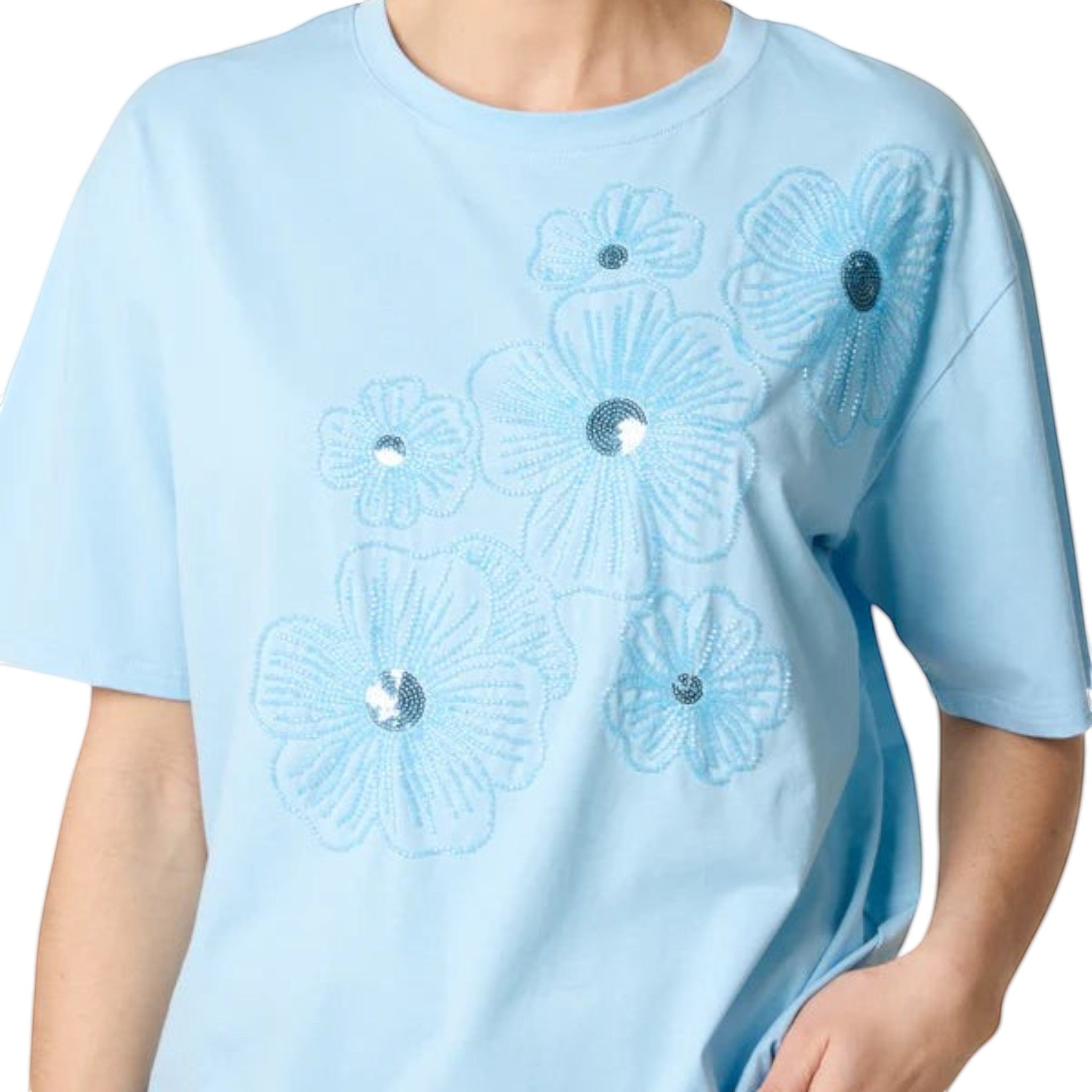 Wild Flower - Ladies - Floral Embellished T-Shirt - Blue - Wildvine Clothing, Spalding, Lincolnshire