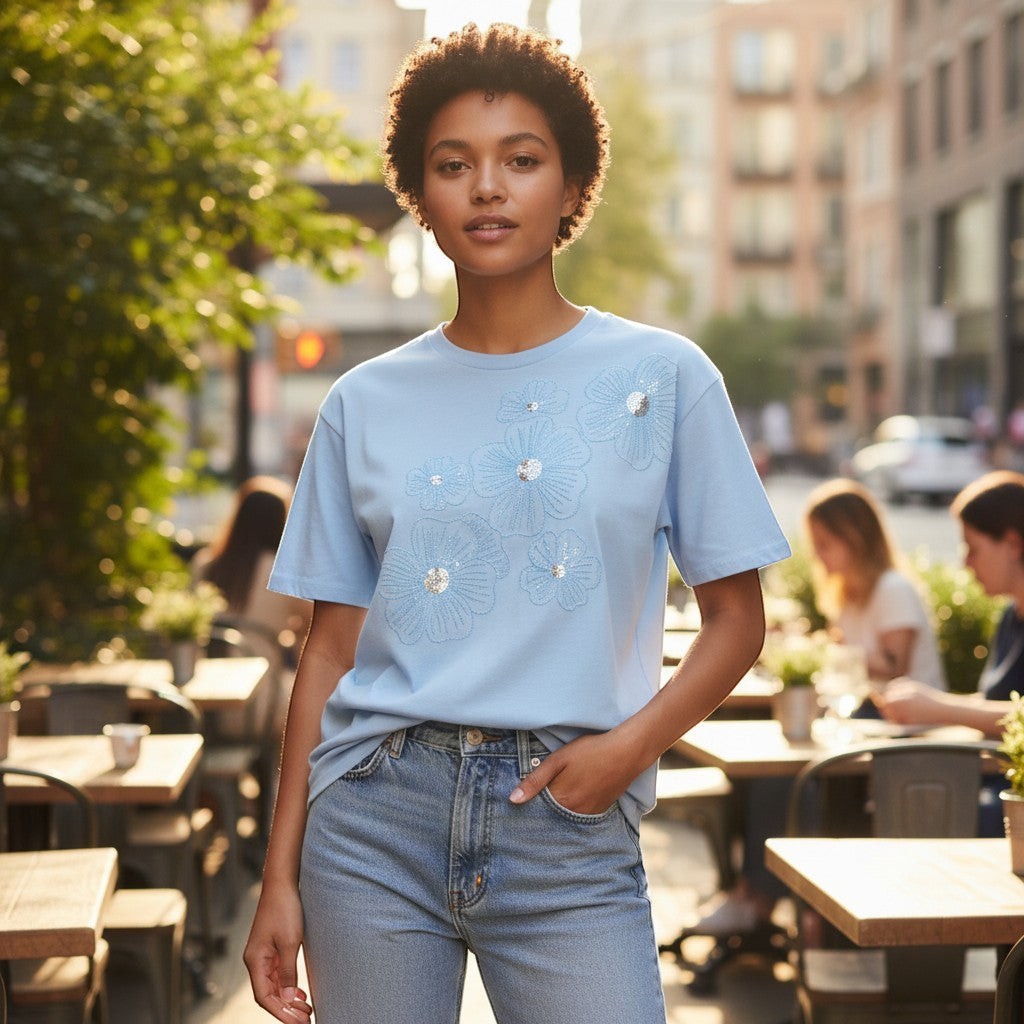 Wild Flower - Ladies - Floral Embellished T-Shirt - Blue - Wildvine Clothing, Spalding, Lincolnshire
