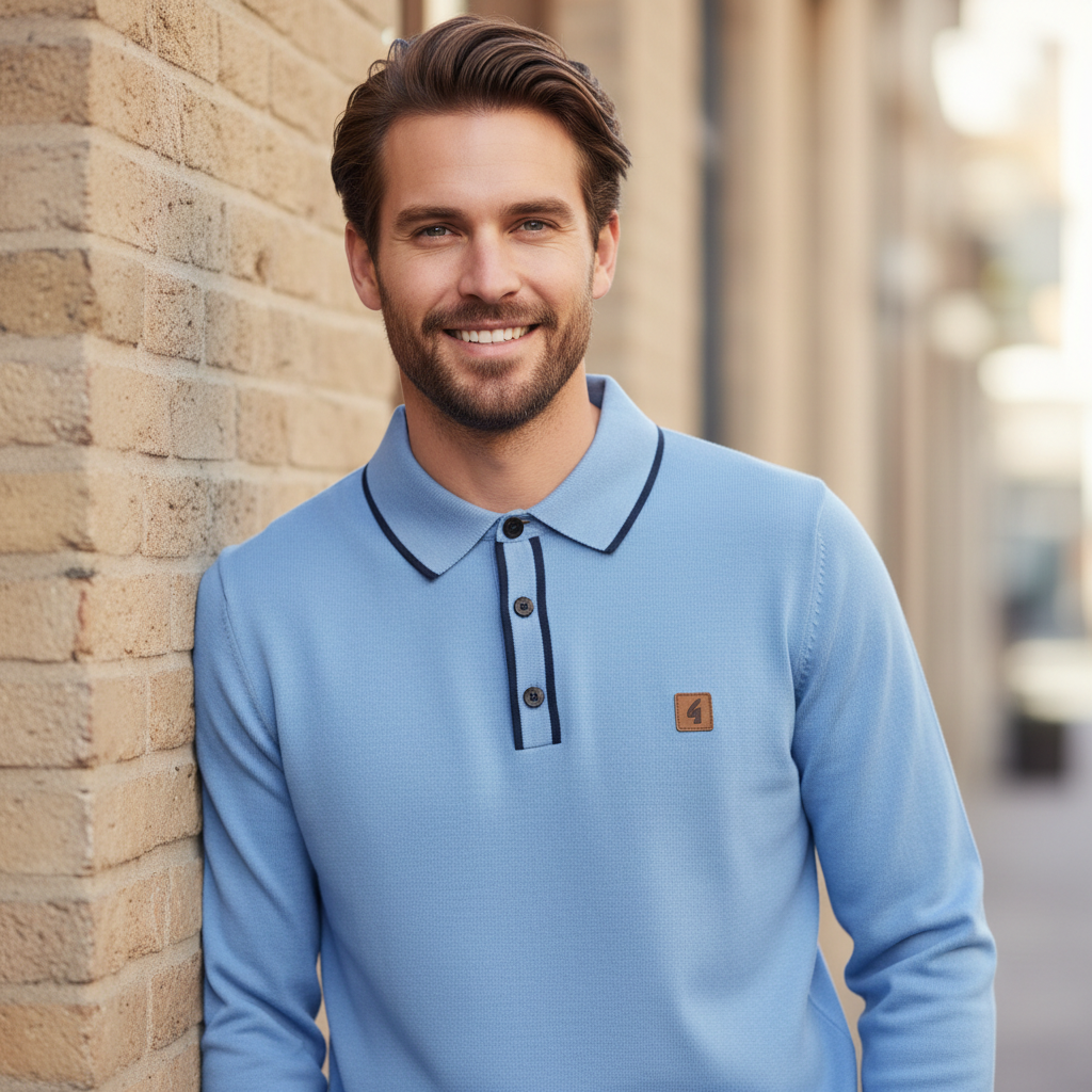 Gabicci Vintage - Mens Naxton Knitted Fistral Blue Lineker Tipped L/S Polo Shirt - Blue - V57GM09 - Wildvine Clothing, Spalding, Lincolnshire