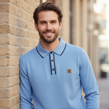 Gabicci Vintage - Mens Naxton Knitted Fistral Blue Lineker Tipped L/S Polo Shirt - Blue - V57GM09 - Wildvine Clothing, Spalding, Lincolnshire