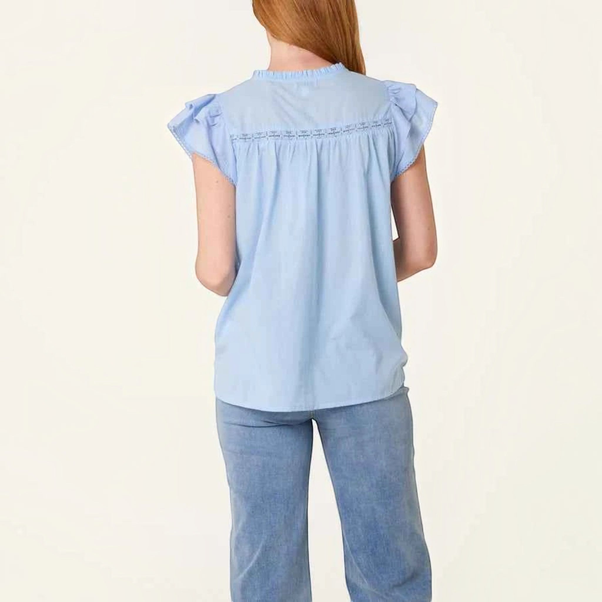 Ladies - Boho Cotton Ruffle & Lace Sleeve Top - Blue - Wildvine Clothing, Spalding, Lincolnshire