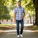 Fynch-Hatton Men's Regular Short Sleeve Casual Shirt - Slub Check – Horizon - Wildvine Clothing, Spalding, Lincolnshire