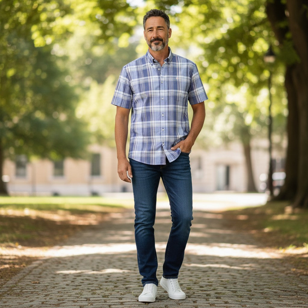 Fynch-Hatton Men's Regular Short Sleeve Casual Shirt - Slub Check – Horizon - Wildvine Clothing, Spalding, Lincolnshire