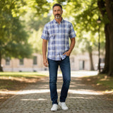Fynch-Hatton Men's Regular Short Sleeve Casual Shirt - Slub Check – Horizon - Wildvine Clothing, Spalding, Lincolnshire