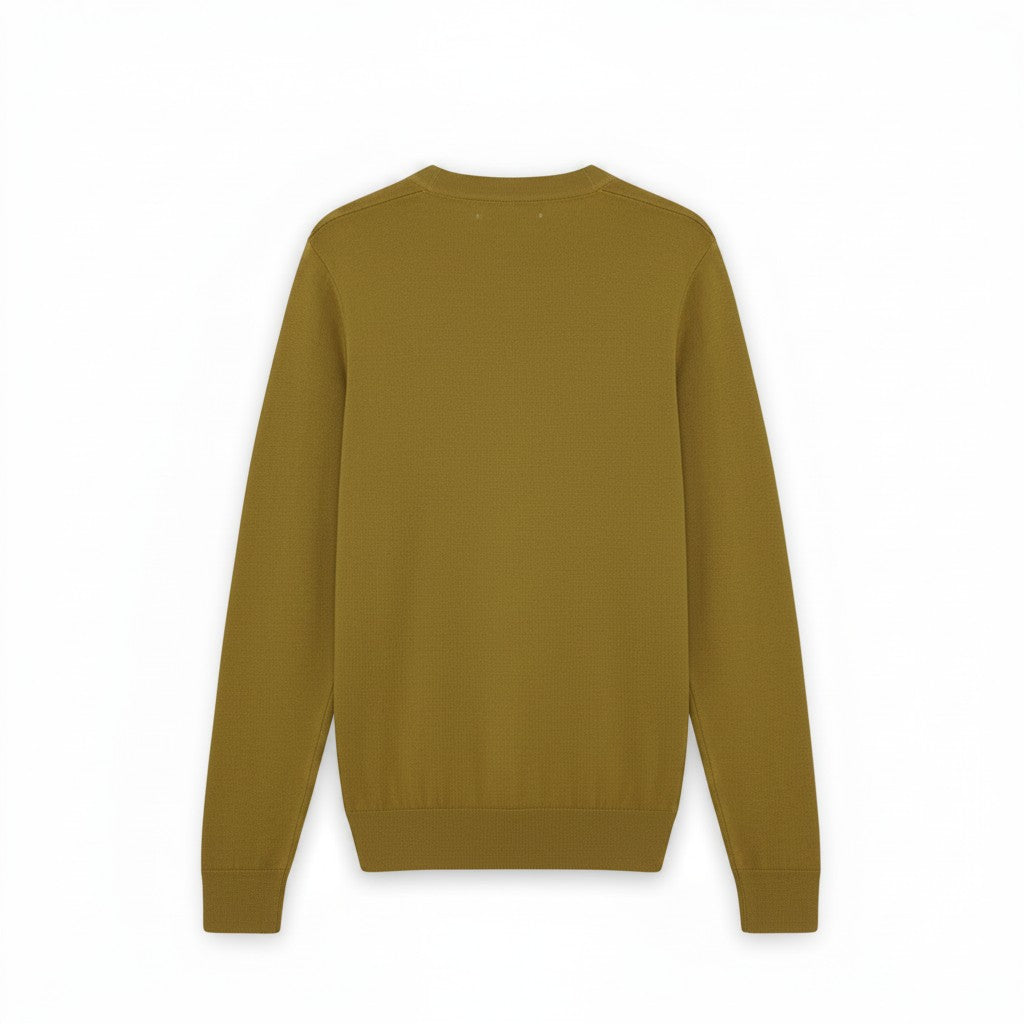 Back view of a bronze Lyle & Scott men's cotton merino V-neck jumper from WILDVINE Clothing Co.