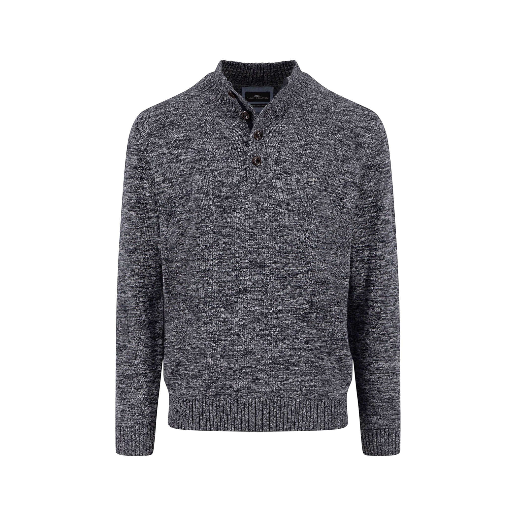 Fynch-Hatton - Mens Knitwear - Buttoned Troyer, Twisted Mouline - Charcoal 998 - Wildvine Clothing, Spalding, Lincolnshire