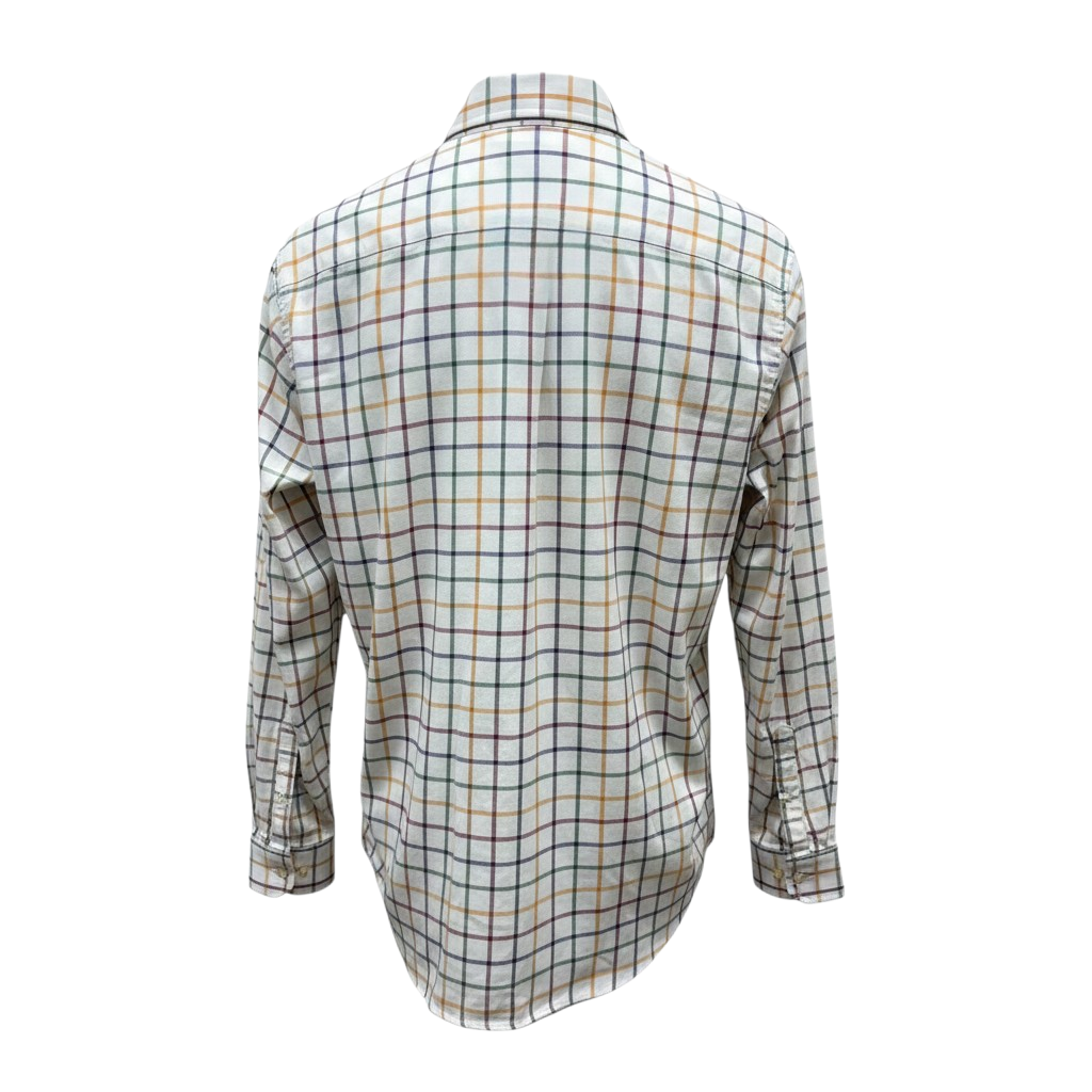 WILDVINE Clothing Co. Gurteen Cumbria long sleeve shirt in a white, blue, and black check pattern, back view.