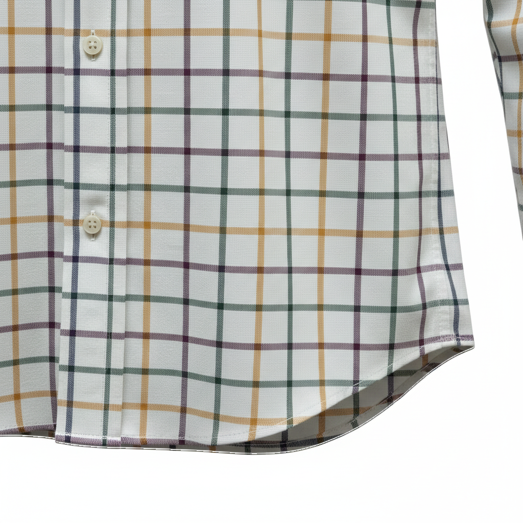 WILDVINE Clothing Co. long sleeve shirt featuring a white base with a blue, black, and gold grid check pattern