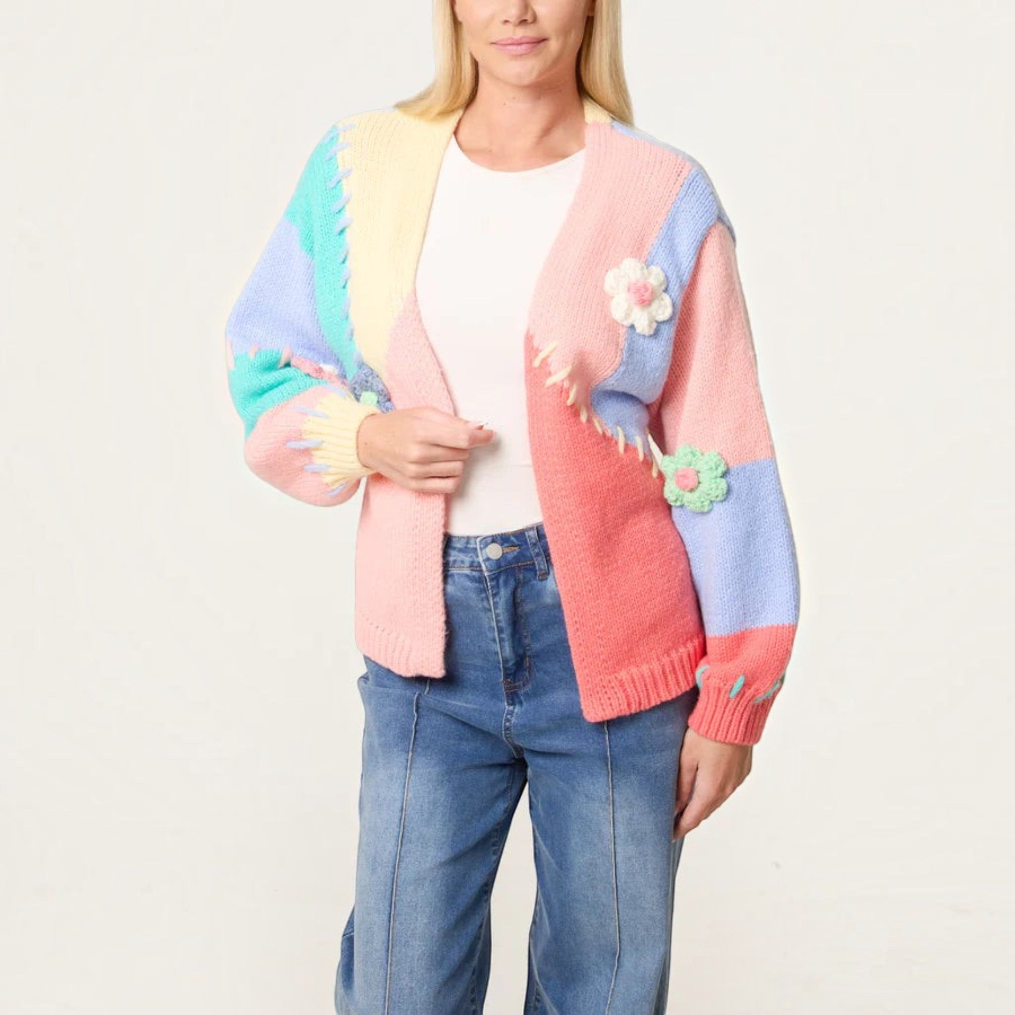 Wild Flower - Ladies - Stitch Colourblock Knit Flower Cardigan - Multi colour - Wildvine Clothing, Spalding, Lincolnshire