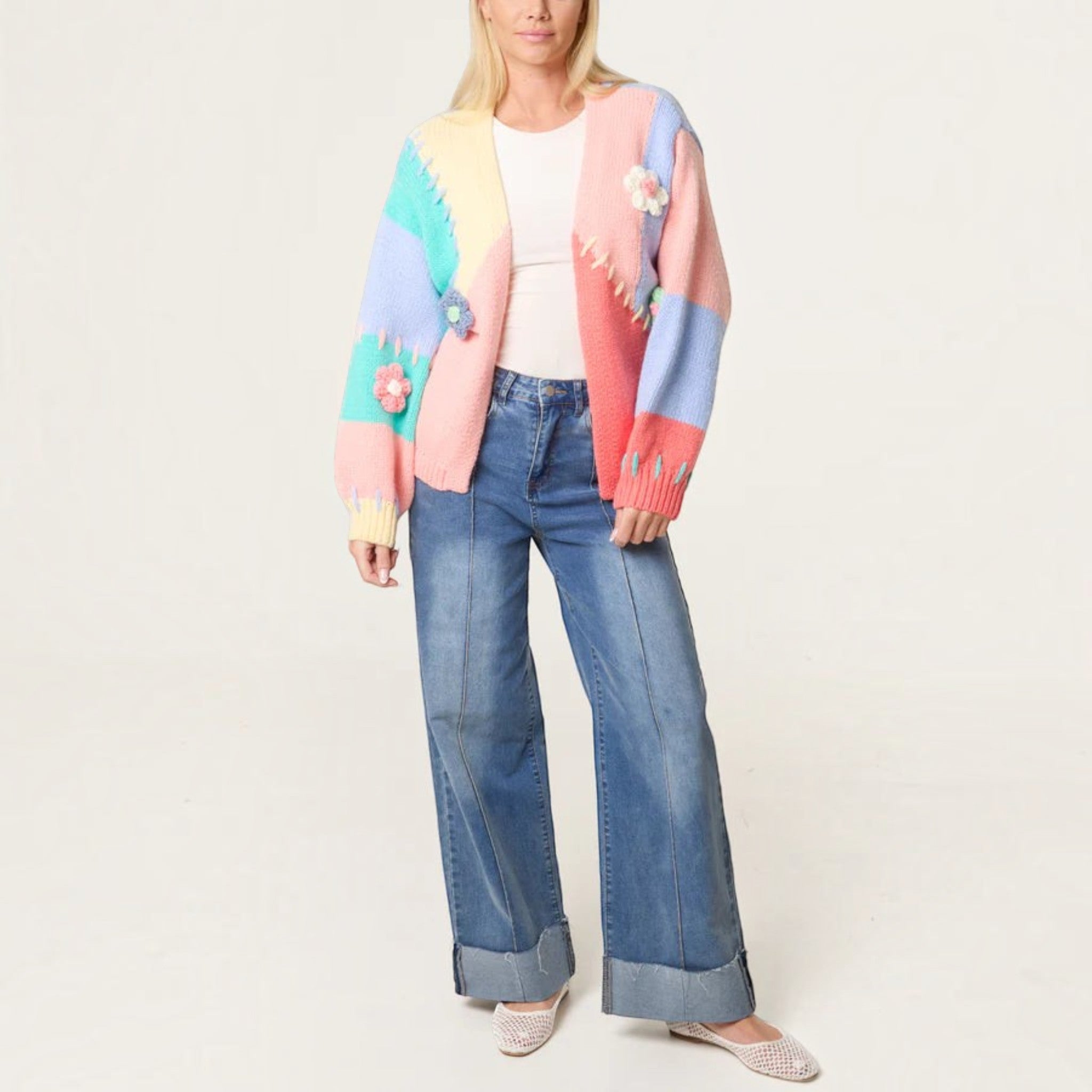 Wild Flower - Ladies - Stitch Colourblock Knit Flower Cardigan - Multi colour - Wildvine Clothing, Spalding, Lincolnshire