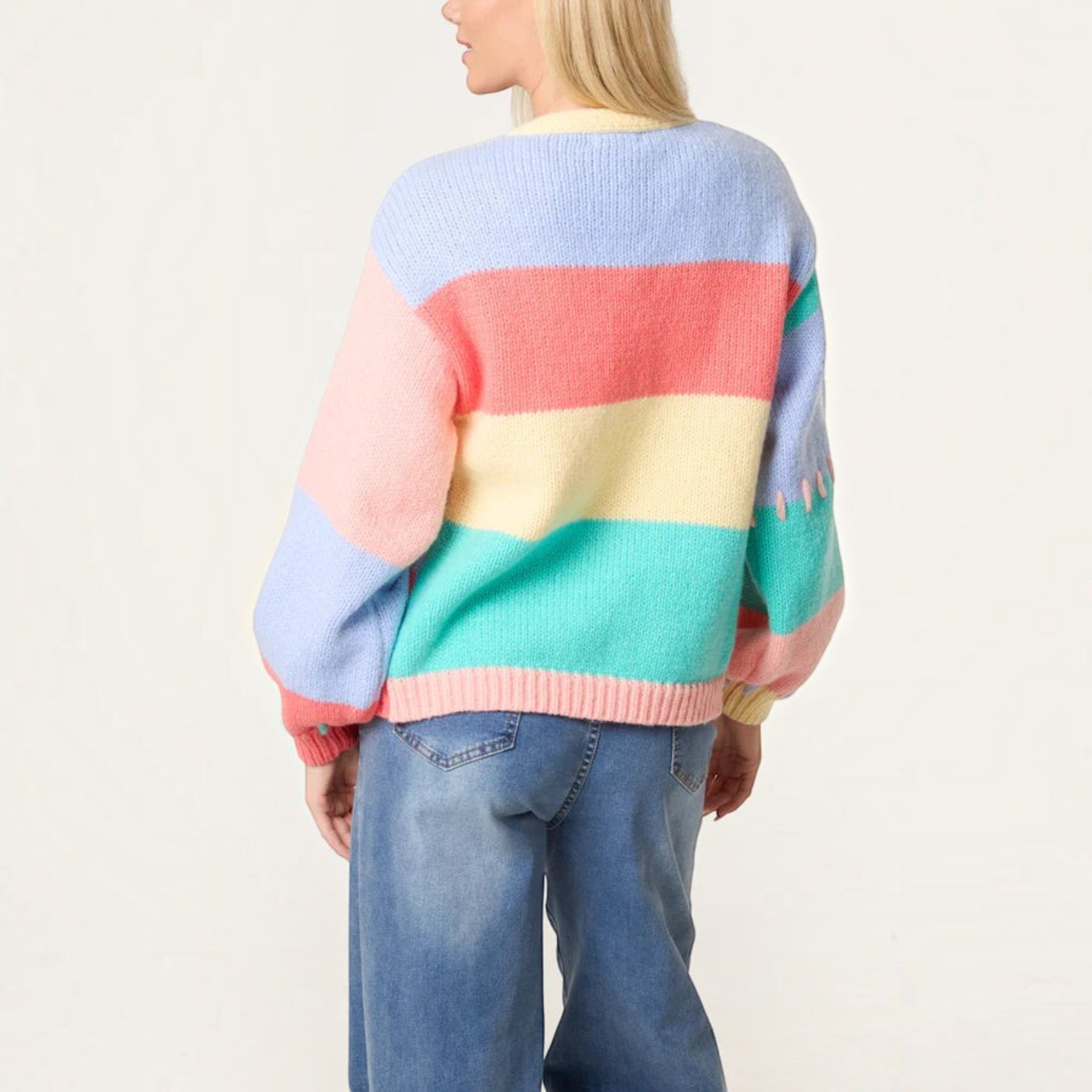 Wild Flower - Ladies - Stitch Colourblock Knit Flower Cardigan - Multi colour - Wildvine Clothing, Spalding, Lincolnshire