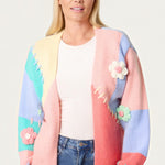 Wild Flower - Ladies - Stitch Colourblock Knit Flower Cardigan - Multi colour - Wildvine Clothing, Spalding, Lincolnshire