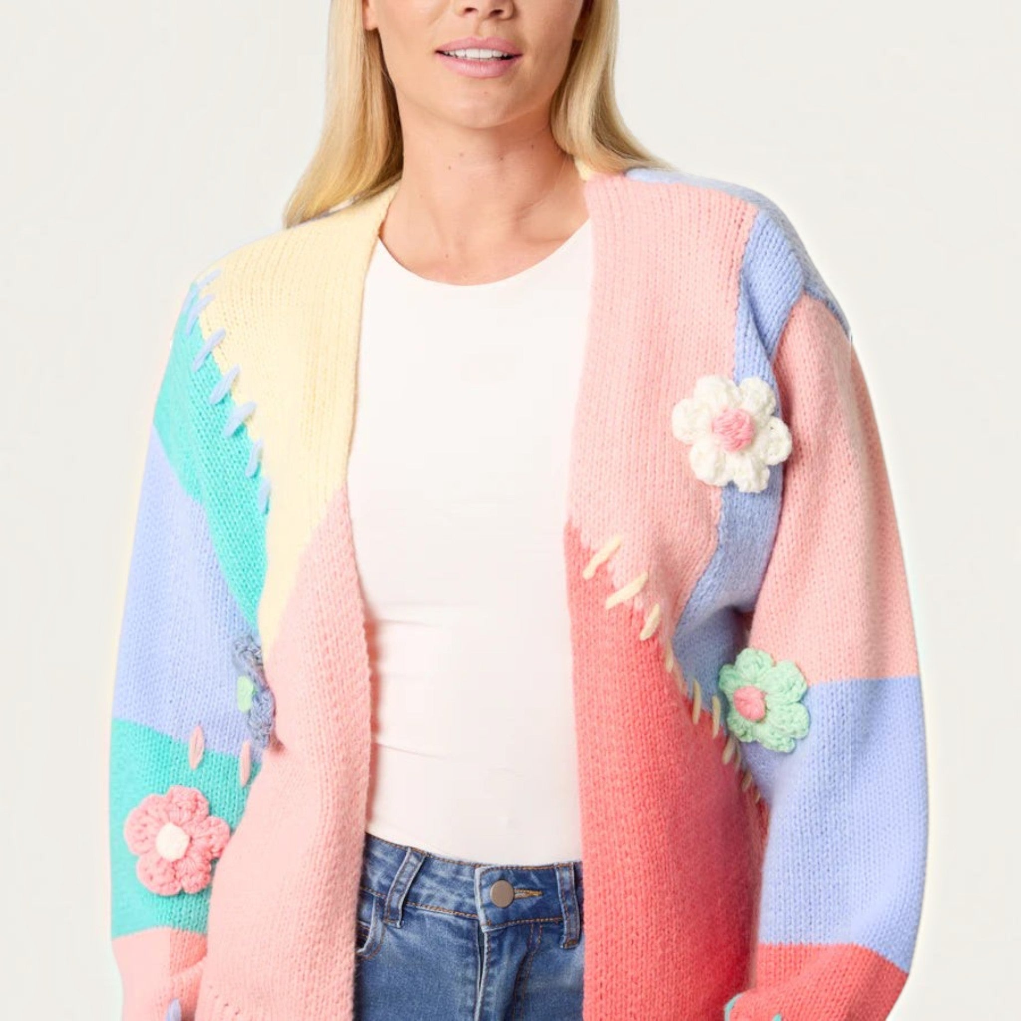 Wild Flower - Ladies - Stitch Colourblock Knit Flower Cardigan - Multi colour - Wildvine Clothing, Spalding, Lincolnshire