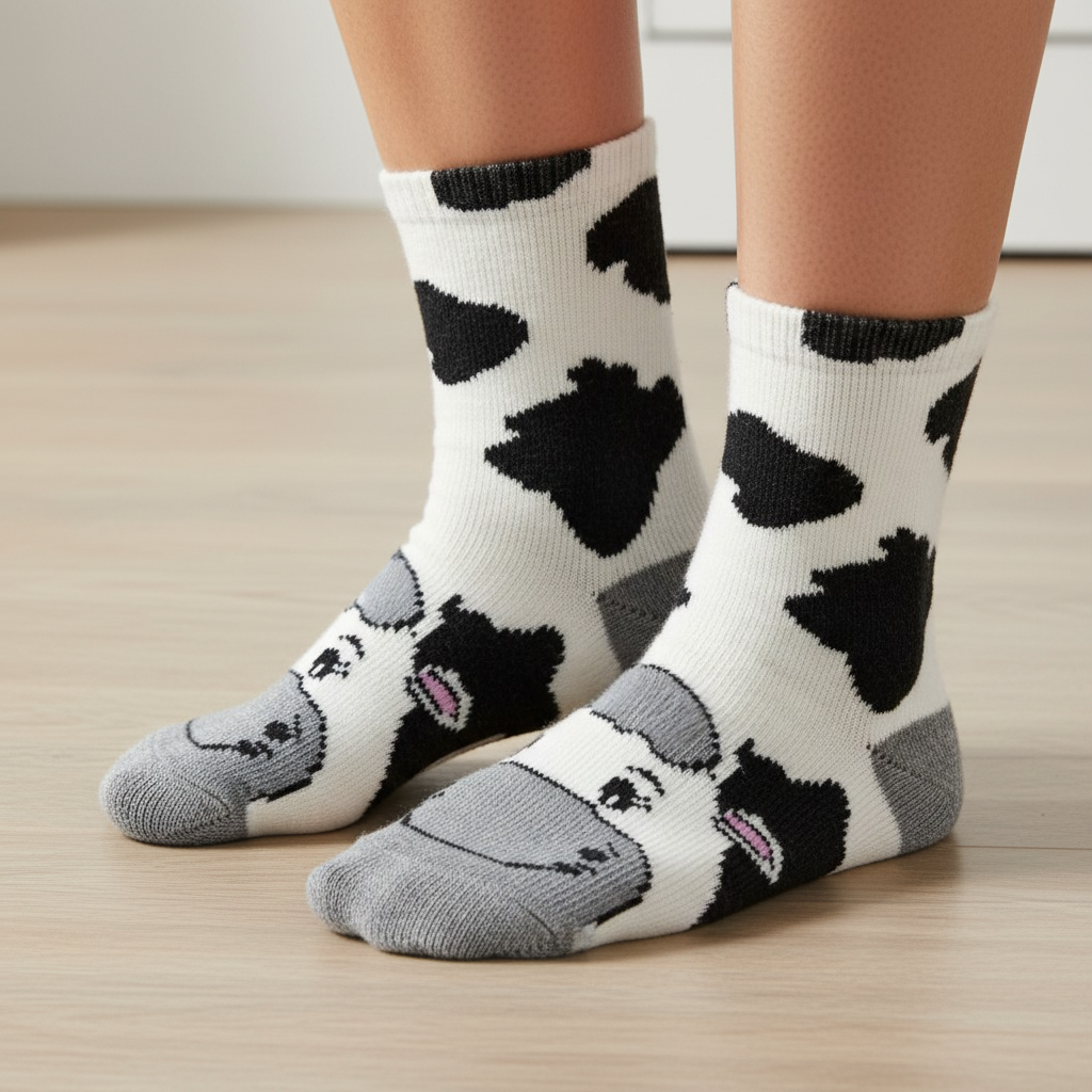 WILDVINE Clothing Co. thermal socks featuring a white and black cow pattern with grey toe and heel details.
