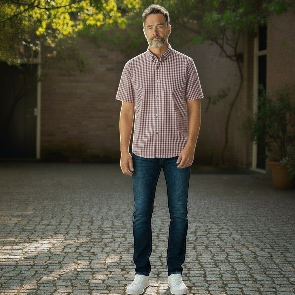 Gurteen - Mens - 100% Cotton - Seville - Modern Fit / Short Sleeved - Cranberry Check - 51023 660 - Wildvine Clothing, Spalding, Lincolnshire