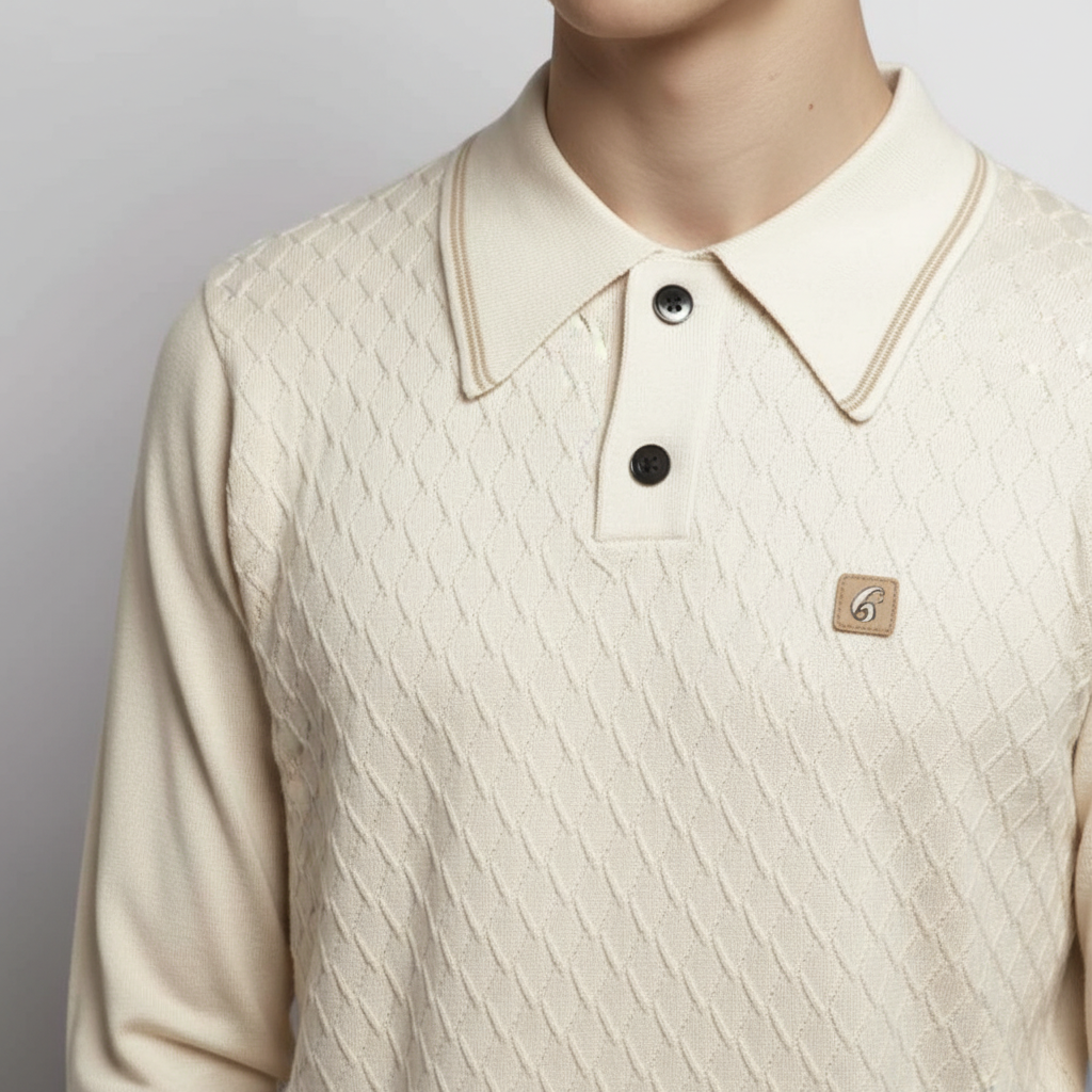 Gabicci Vintage - Mens Cambridge Argyle Knit Polo - Cream - V57GM05 - Wildvine Clothing, Spalding, Lincolnshire