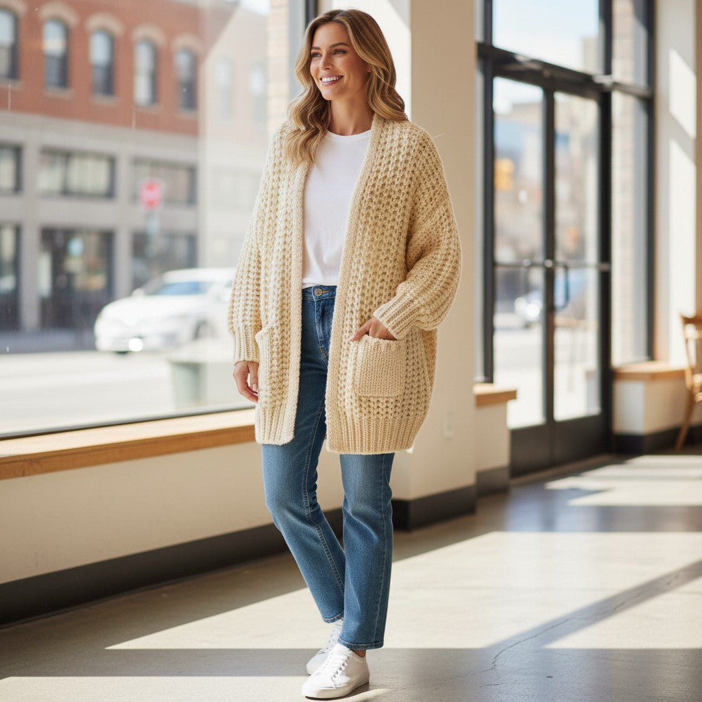 Wild Flower - Ladies - Thick Cable Knit Pockets Cardigan - Cream - Wildvine Clothing, Spalding, Lincolnshire