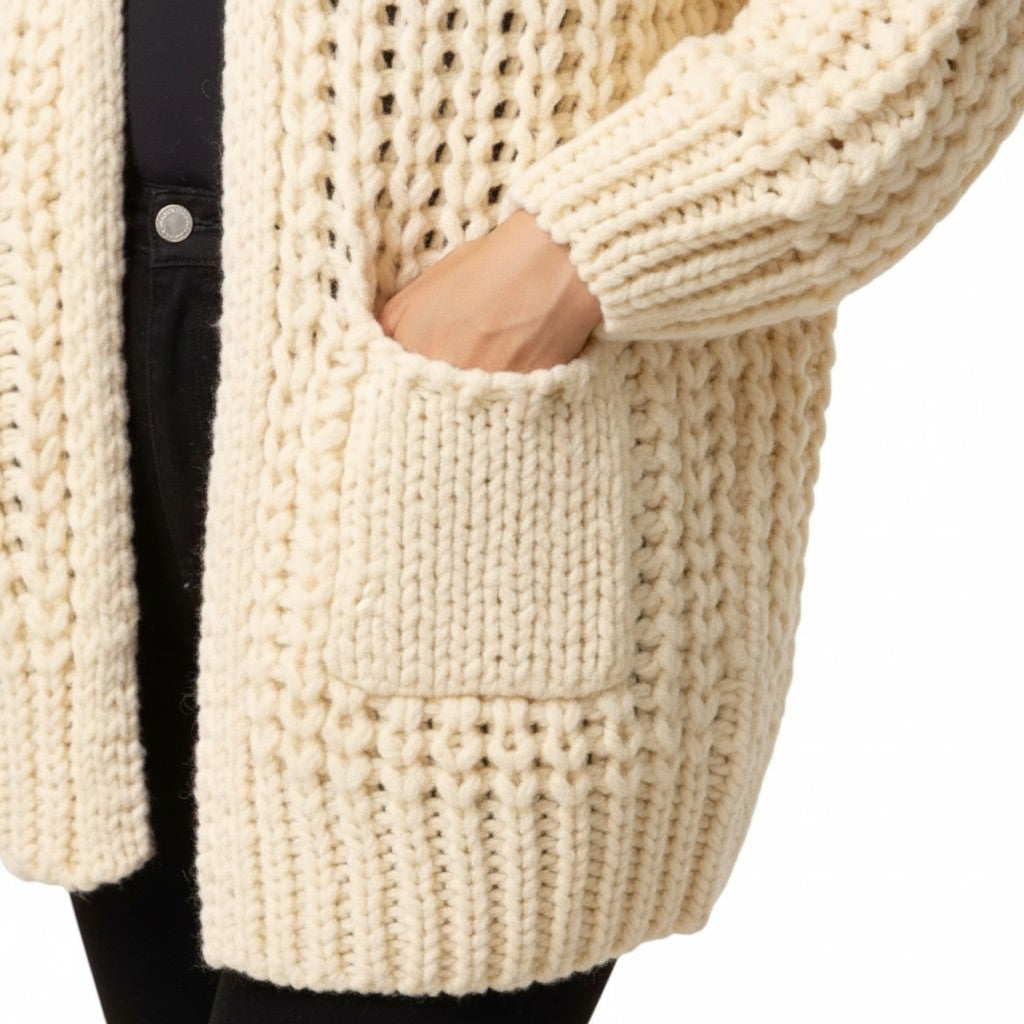 Wild Flower - Ladies - Thick Cable Knit Pockets Cardigan - Cream - Wildvine Clothing, Spalding, Lincolnshire