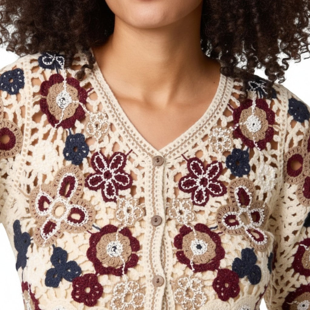 Wild Flower - Ladies - Beaded Floral Crochet V Cardigan - Mocha - Wildvine Clothing, Spalding, Lincolnshire