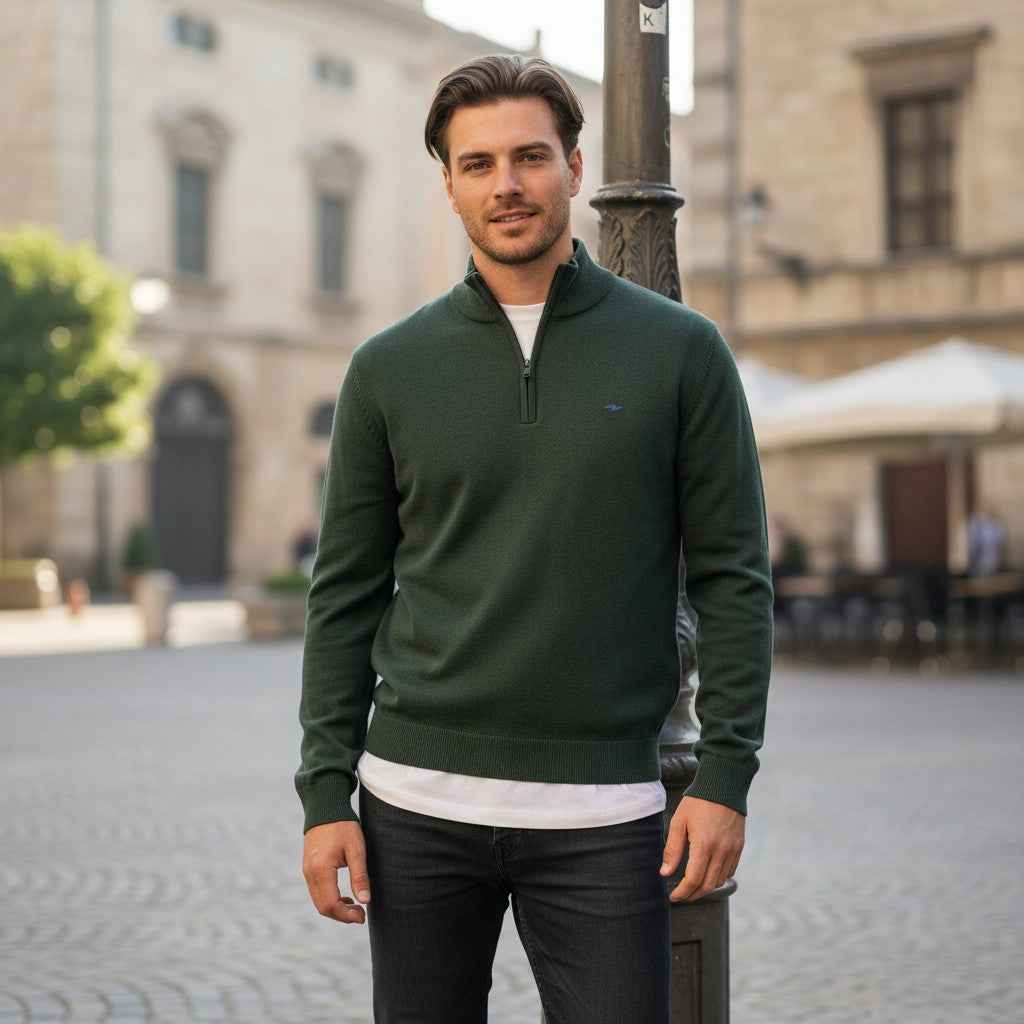 Fynch-Hatton - Mens Knitwear - Troyer-Zip, Superfine - Dark Ivy - Wildvine Clothing, Spalding, Lincolnshire