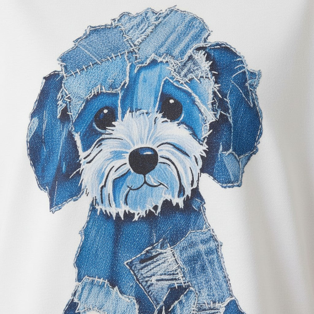 Ladies - Patchwork Denim Dog Short Sleeve T-shirt - White - Wildvine Clothing, Spalding, Lincolnshire