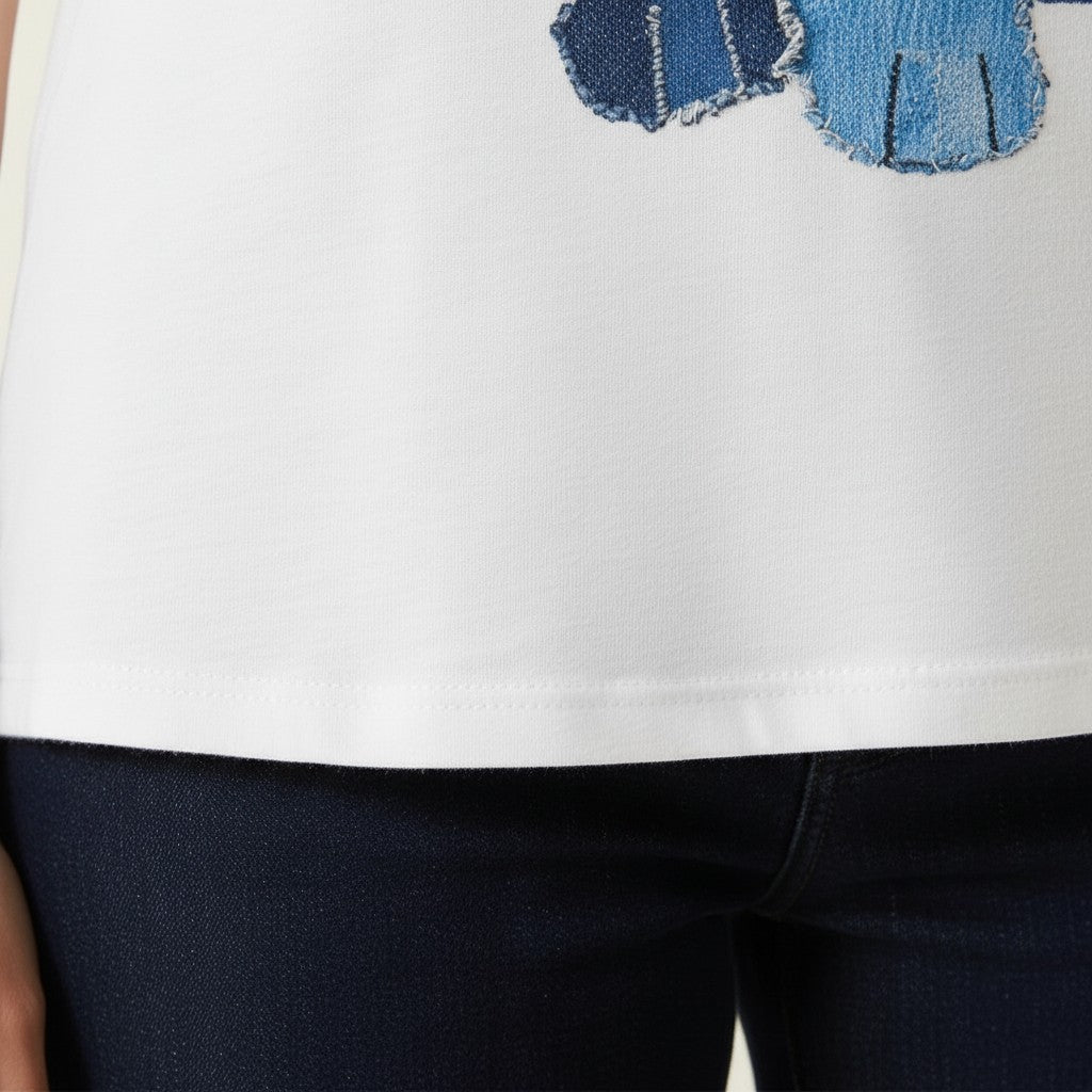 Ladies - Patchwork Denim Dog Short Sleeve T-shirt - White - Wildvine Clothing, Spalding, Lincolnshire